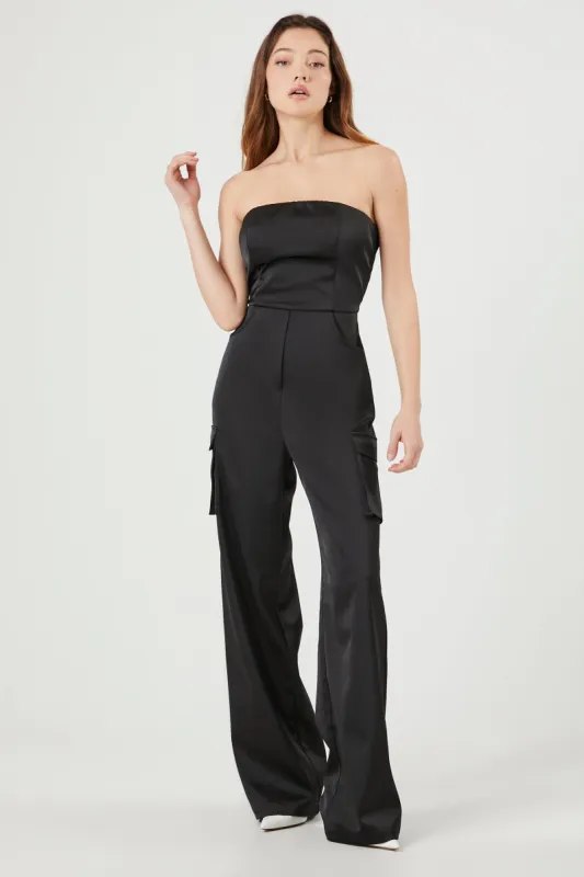 Satin Strapless Cargo Jumpsuit sold by Urban Planet