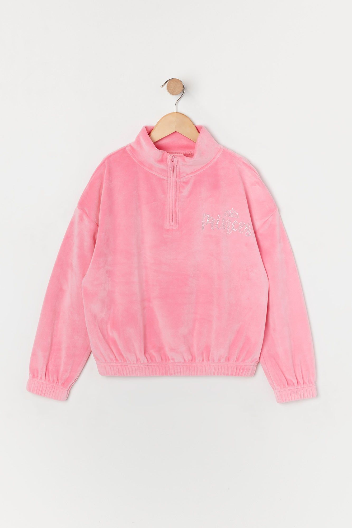 Girls Rhinestone Princess Velour Half Zip Sweatshirt sold by Urban Planet