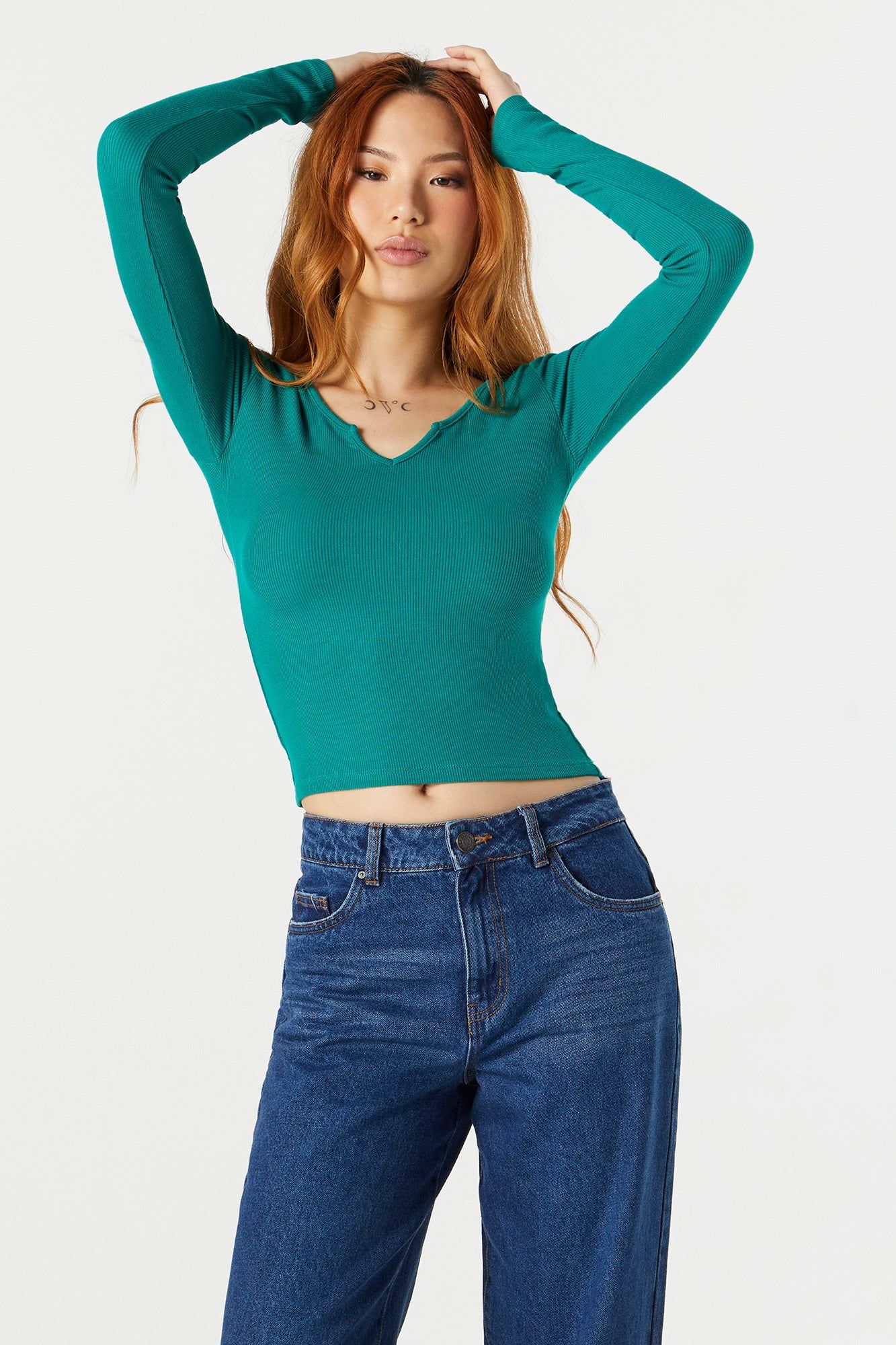 Ribbed Notched Long Sleeve Top sold by Urban Planet
