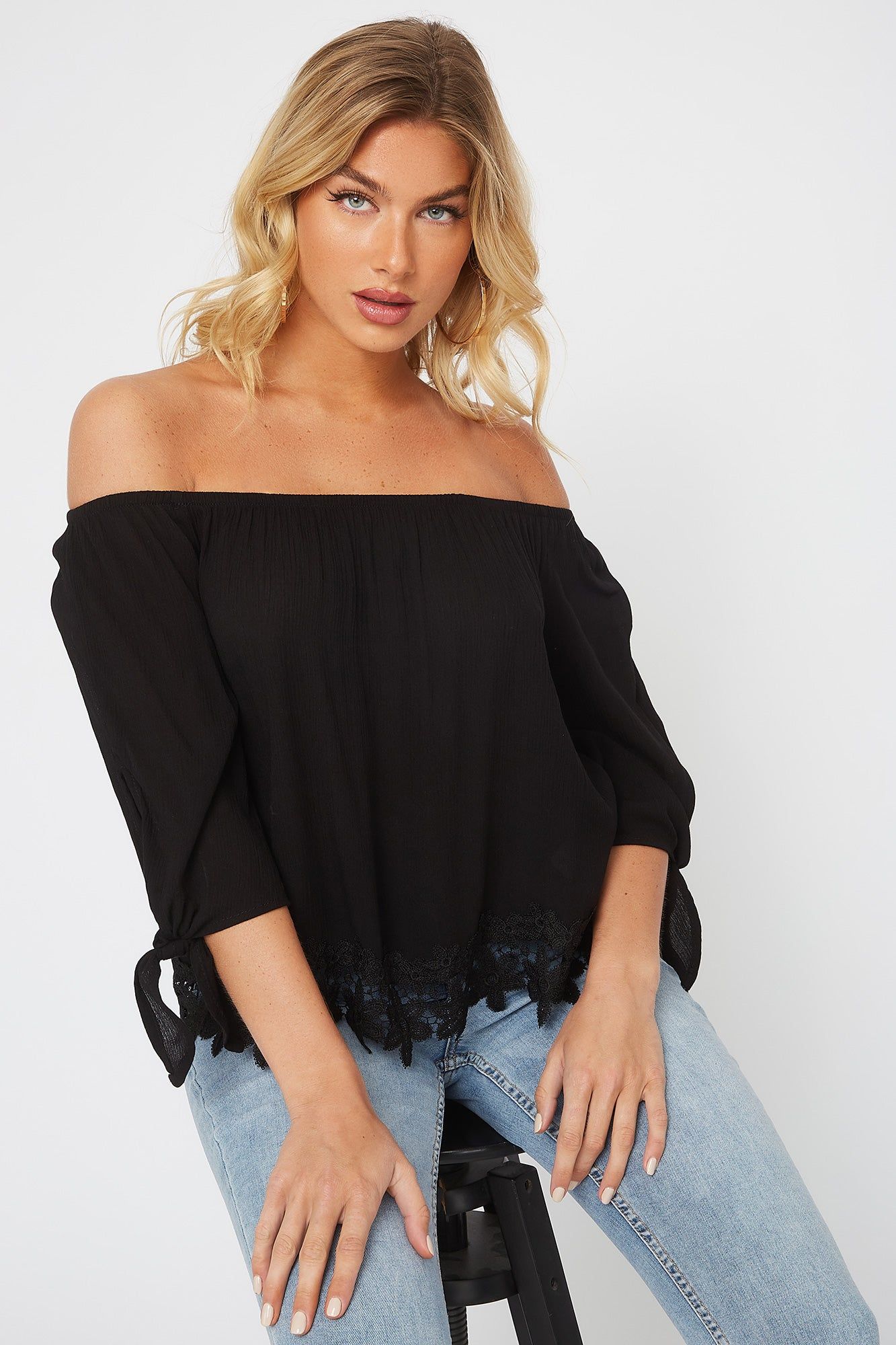 Crochet Trim Off the Shoulder Tie Sleeve Blouse sold by Urban Planet product image thumbnail 3