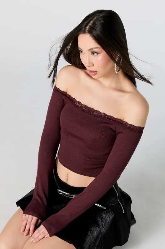 Ribbed Lace Trim Off Shoulder Long Sleeve Top sold by Urban Planet