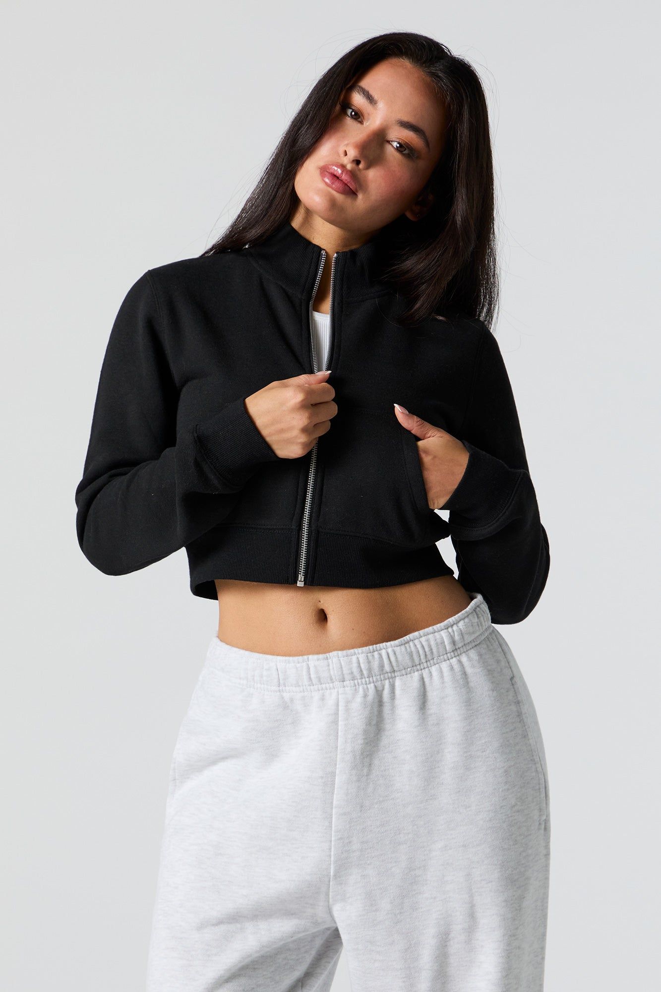 Mock Neck Zip-Up Cropped Sweatshirt sold by Urban Planet
