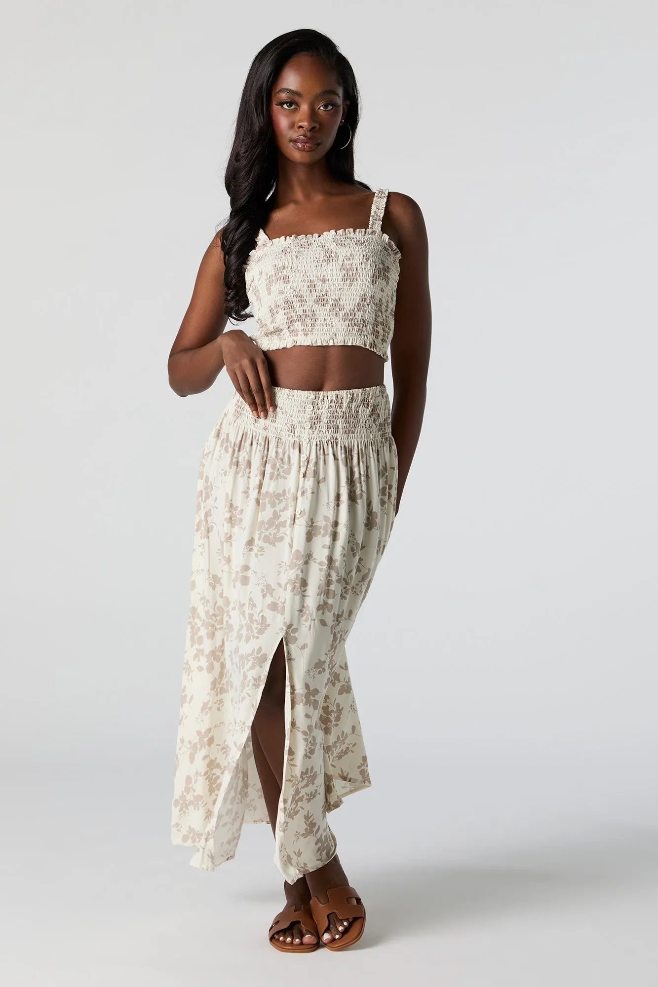 White Floral Smocked Cropped Tank sold by Urban Planet product image thumbnail 4