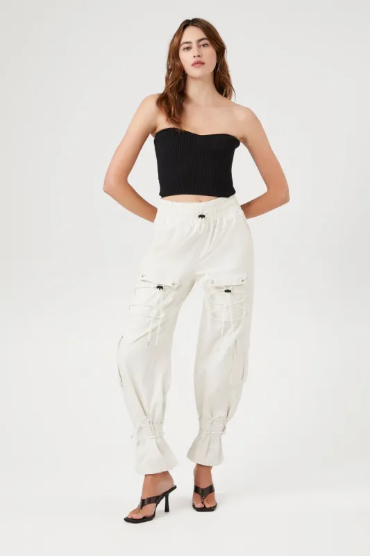 White Drawstring Cargo Denim Jogger sold by Urban Planet