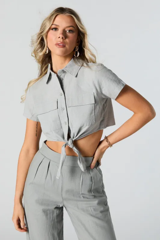 Front Tie Button-Up Crop Top sold by Urban Planet