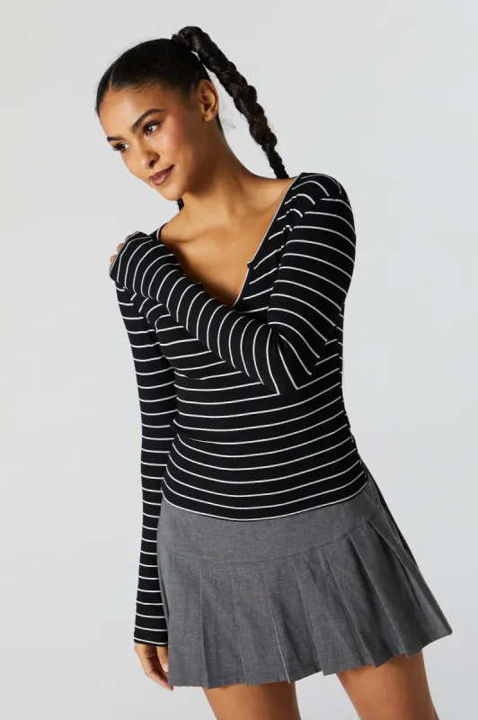 Striped V-Notch Long Sleeve Top sold by Urban Planet