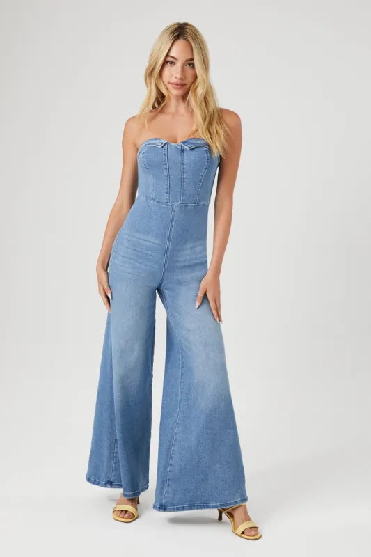 Denim Sweetheart Wide-Leg Jumpsuit sold by Urban Planet