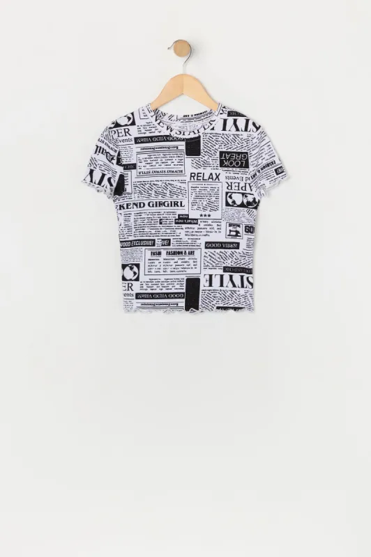 Girls Newspaper Print Lettuce Hem Baby T-Shirt sold by Urban Planet