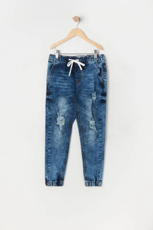 Boys Distressed Dark Acid Wash Denim Jogger sold by Urban Planet