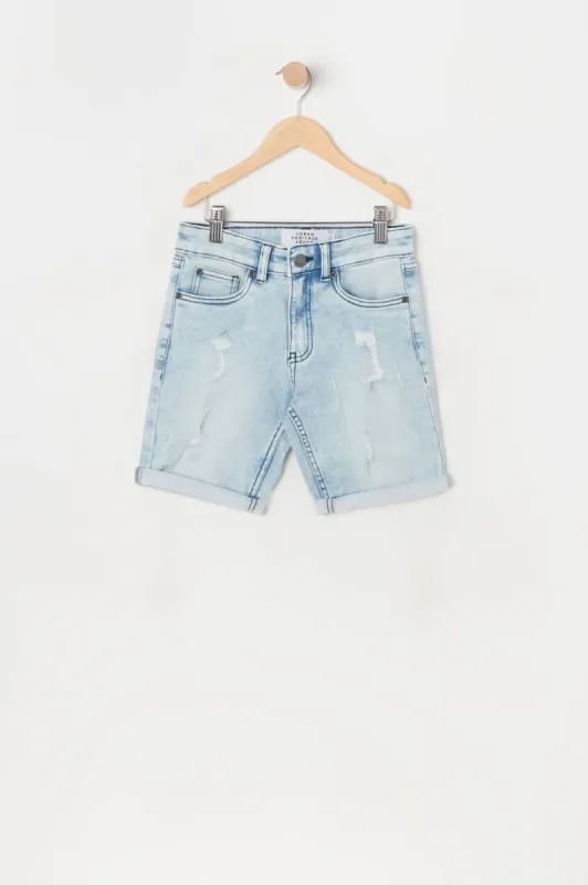 Boys Eco-Friendly Light Wash Distressed Denim Short sold by Urban Planet