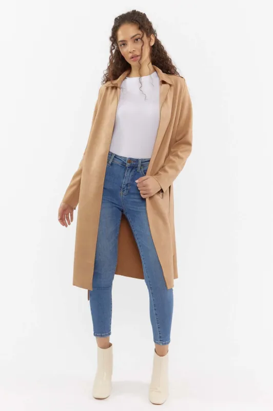 Faux-Suede Belted Longline Trench Coat sold by Urban Planet