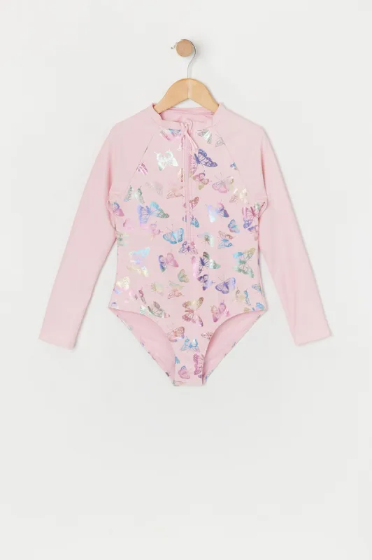 Girls Butterfly Print Front Zip Rashguard Swimsuit sold by Urban Planet