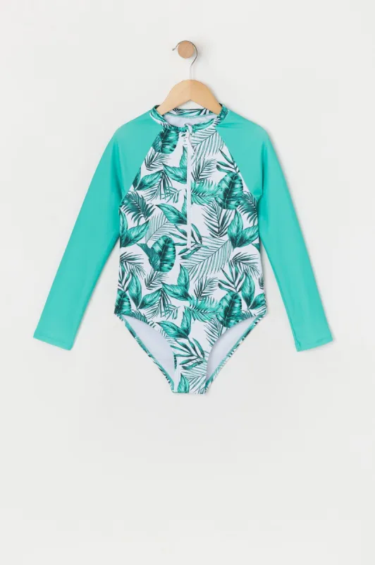 Girls Tropical Leaf Print Front Zip Rashguard Swimsuit sold by Urban Planet