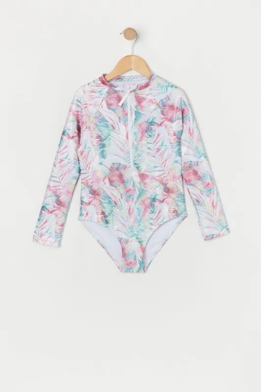 Girls Sparkle Tropical Print Front Zip Rashguard Swimsuit sold by Urban Planet