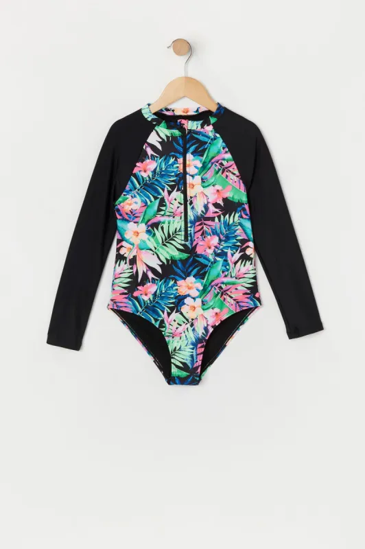 Girls Tropical Print Front Zip Rashguard Swimsuit sold by Urban Planet