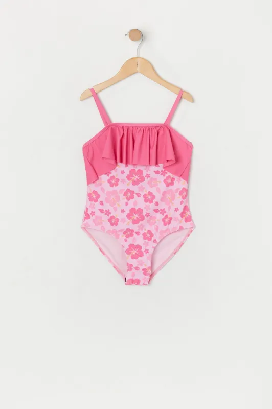 Girls Pink Hawaiian Print Flounce One Piece Swimsuit sold by Urban Planet