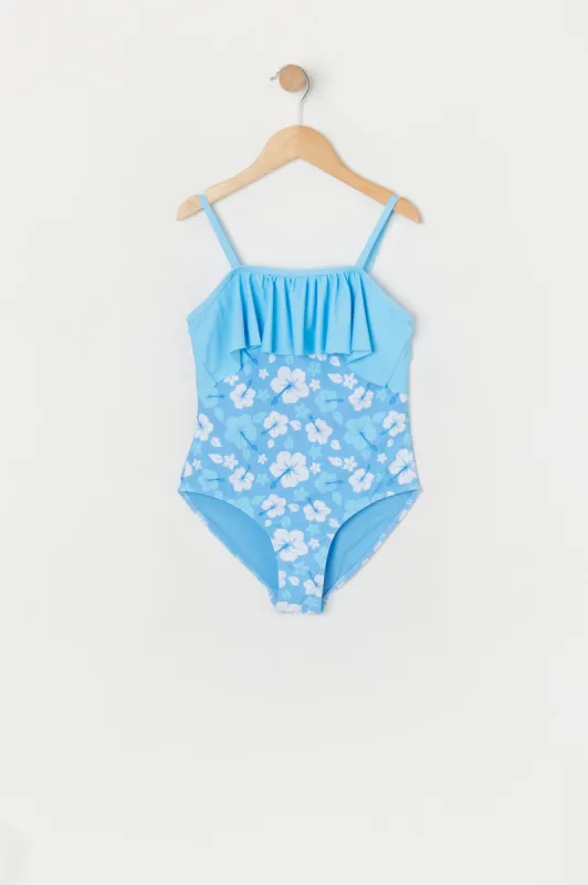 Girls Blue Hawaiian Print Flounce One Piece Swimsuit sold by Urban Planet