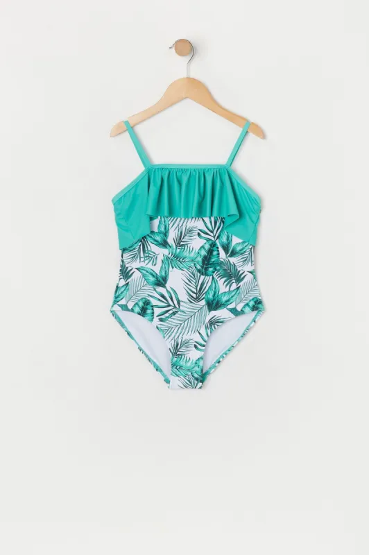 Girls Tropical Print Flounce One Piece Swimsuit sold by Urban Planet