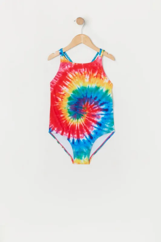 Girls Tie Dye Print Crisscross Back One Piece Swimsuit with built-in cups sold by Urban Planet