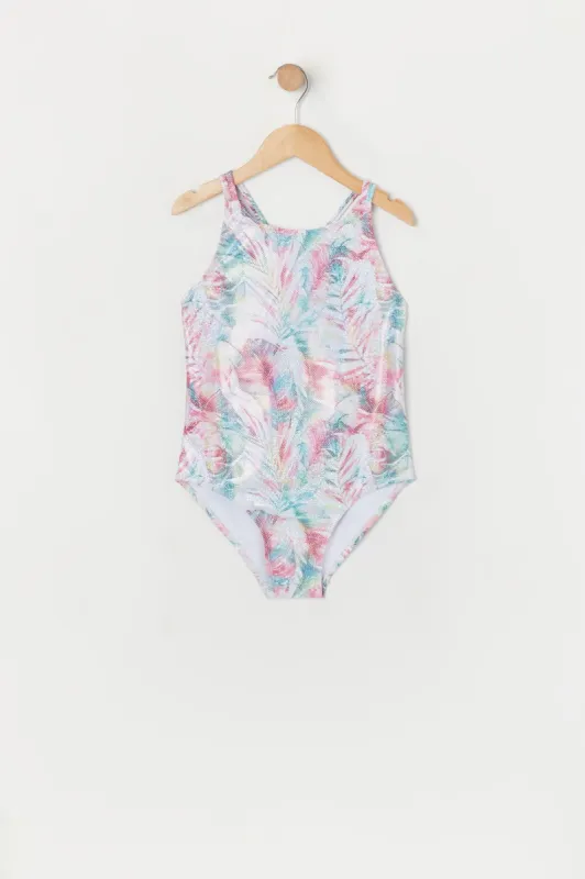 Girls Sparkle Tropical Print Crisscross Back One Piece Swimsuit with built-in cups sold by Urban Planet
