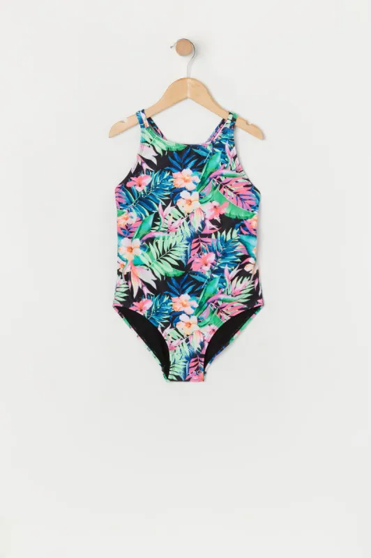 Girls Tropical Print Crisscross Back One Piece Swimsuit with built-in cups sold by Urban Planet