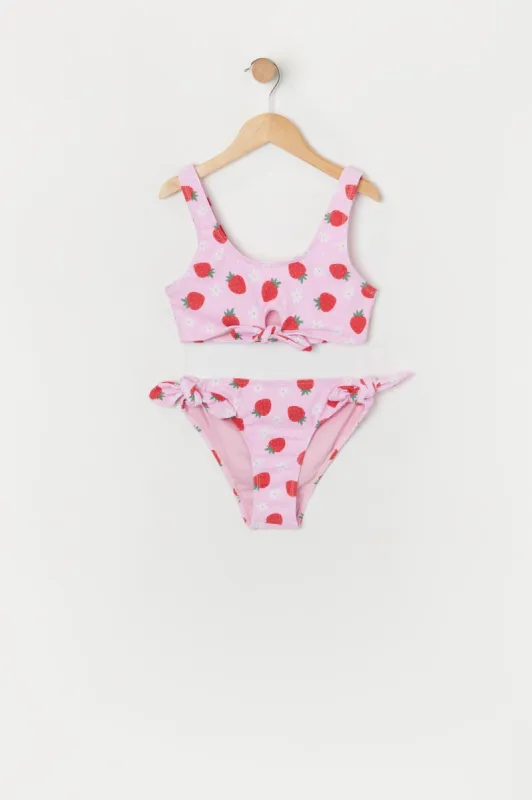 Girls Strawberry Print Front Tie 2 Piece Swimsuit with Built-In Cups sold by Urban Planet
