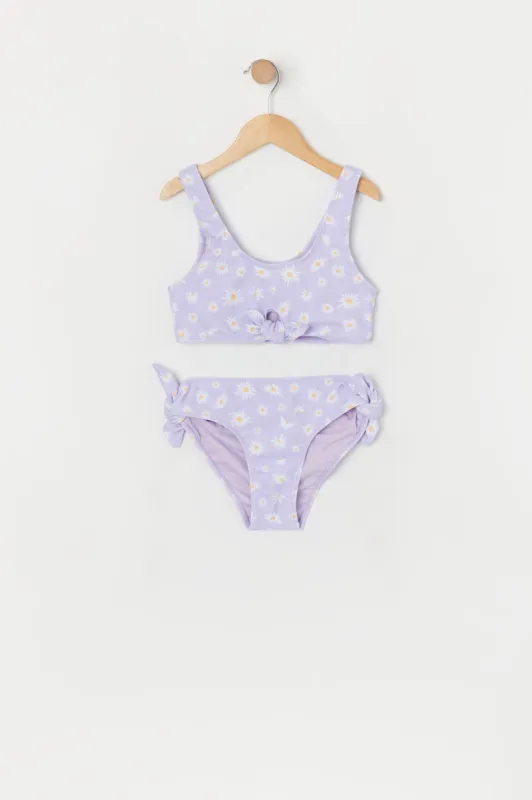 Girls Purple Daisy Print Front Tie 2 Piece Swimsuit with Built-In Cups sold by Urban Planet