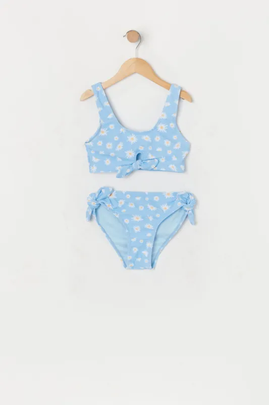 Girls Blue Daisy Print Front Tie 2 Piece Swimsuit with Built-In Cups sold by Urban Planet