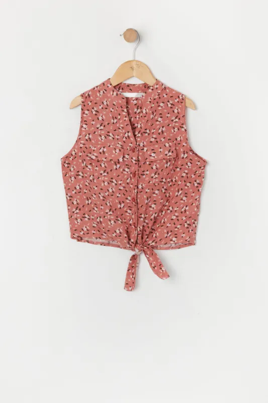 Girls Orange Floral Front Tie Tank sold by Urban Planet