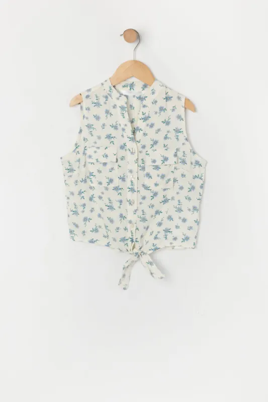 Girls White Floral Front Tie Tank sold by Urban Planet