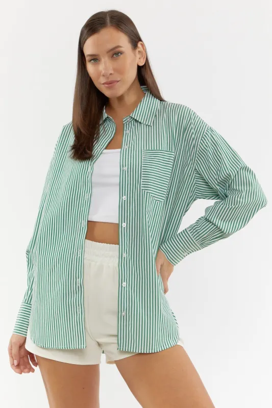 Green Striped Collared Button-Up Top sold by Urban Planet