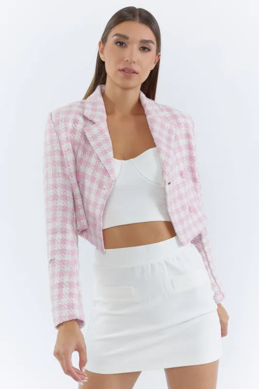 Pink Tweed Houndstooth Cropped Blazer sold by Urban Planet