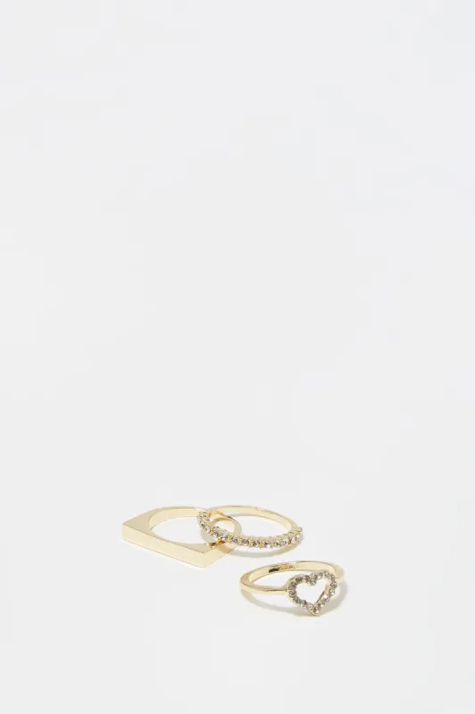 14 K Gold Plated Heart and Mixed Ring 3 Piece Set sold by Urban Planet