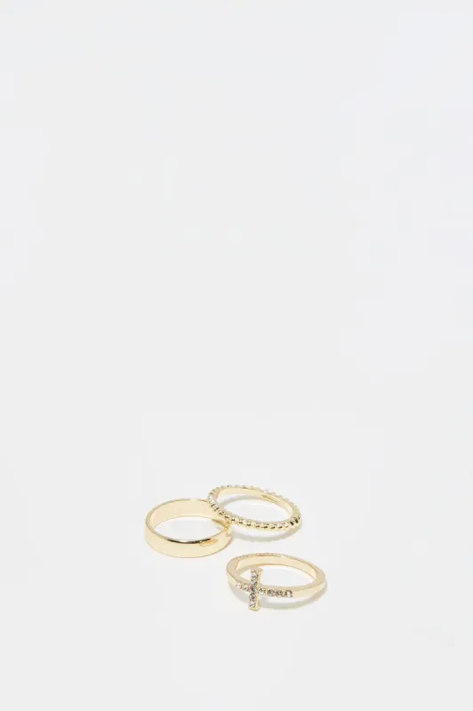 14 K Gold Plated Cross and Mixed Ring 3 Piece Set sold by Urban Planet