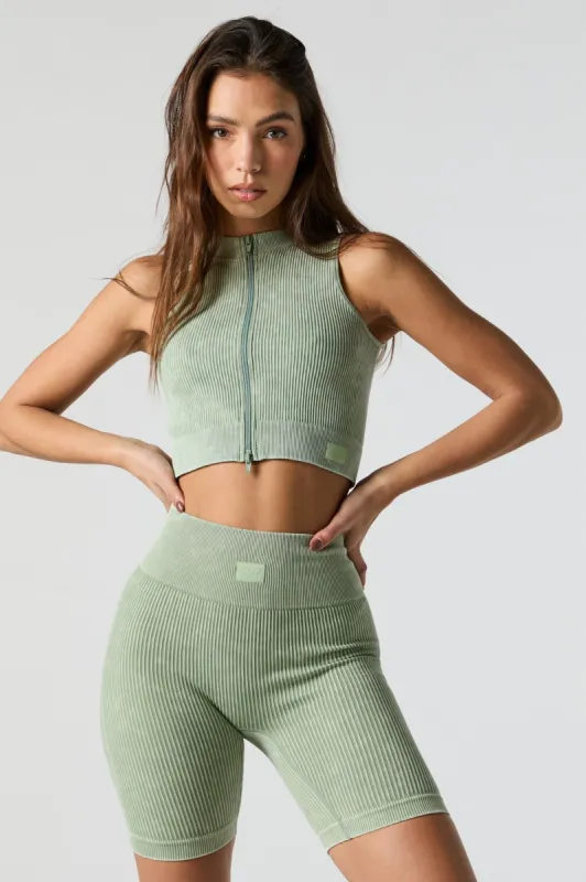 Green Sommer Ray Washed Seamless Ribbed Zip-Up Tank sold by Urban Planet