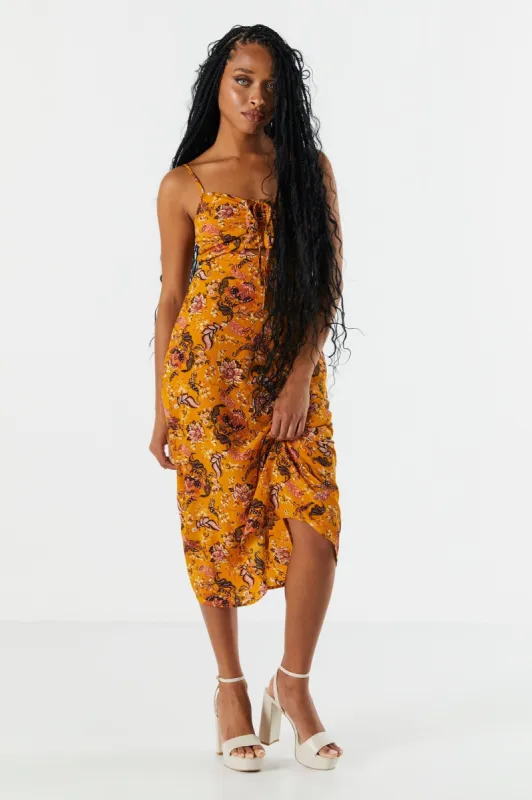 Robe midi fleurie orange avec découpes sold by Urban Planet