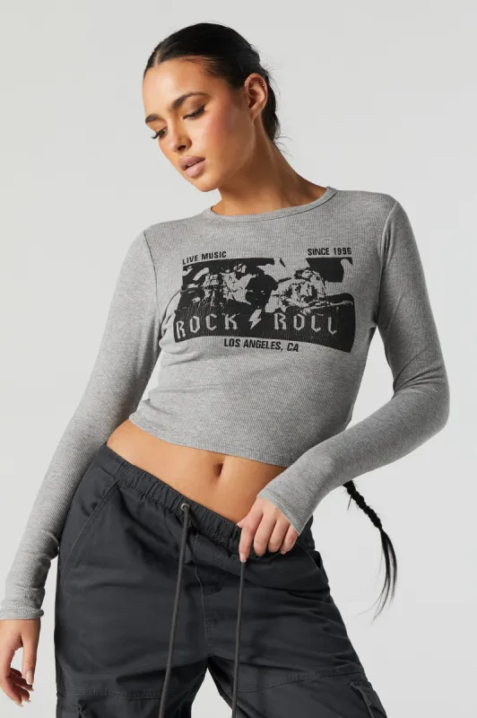 Rock and Roll Graphic Long Sleeve Crop Top sold by Urban Planet