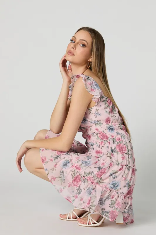 Pink Floral Smocked Flutter Sleeve Mini Dress sold by Urban Planet