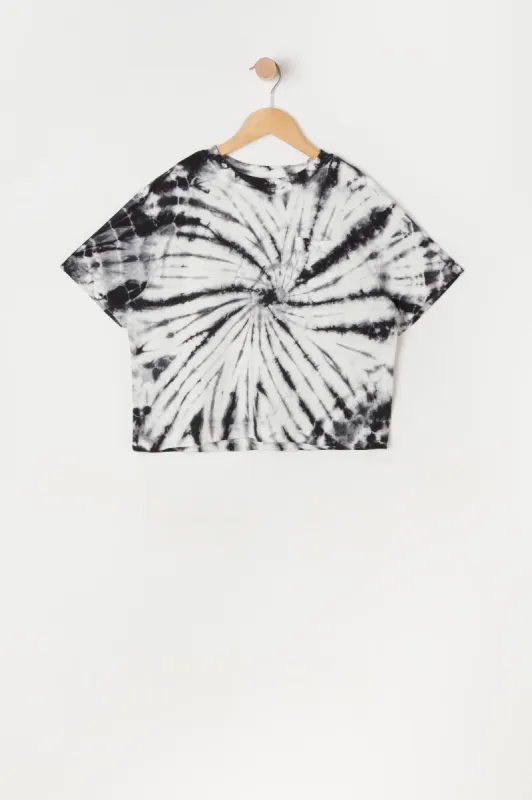 Girls Single Pocket Black Tie Dye Boxy T-Shirt sold by Urban Planet