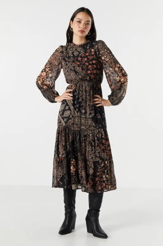 Black Floral Chiffon Tiered Maxi Dress sold by Urban Planet