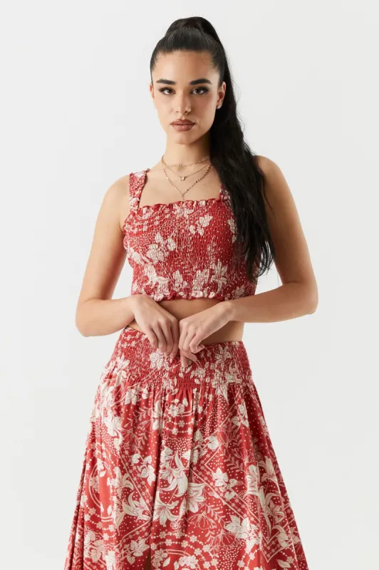 Red Paisley Print Smocked Cropped Tank sold by Urban Planet
