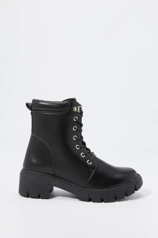 Faux-Leather Collared Lace-Up Lug Boot sold by Urban Planet