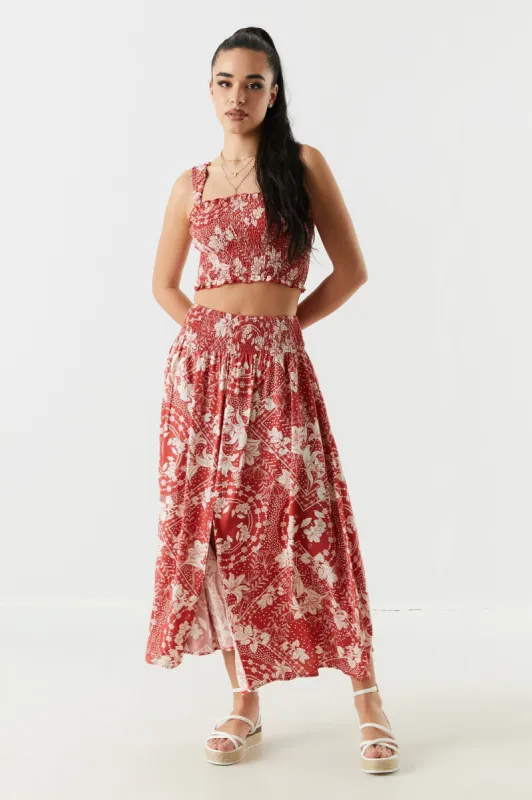 Red Paisley Print Button Front Maxi Skirt sold by Urban Planet