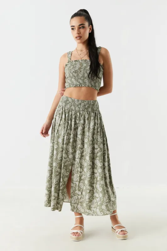 Green Paisley Print Button Front Maxi Skirt sold by Urban Planet
