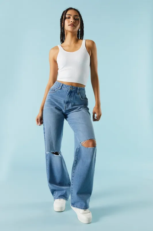 Medium Wash Distressed Wide Leg Jean sold by Urban Planet