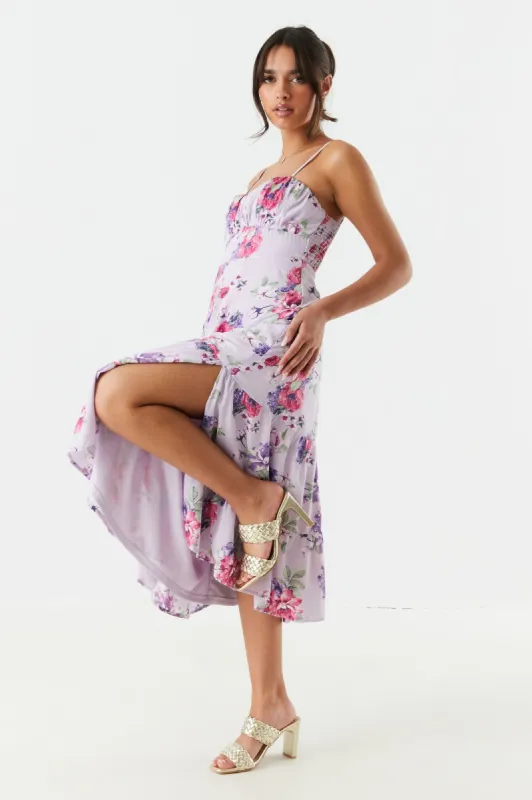 Lilac Floral Leg Slit Tiered Midi Dress sold by Urban Planet