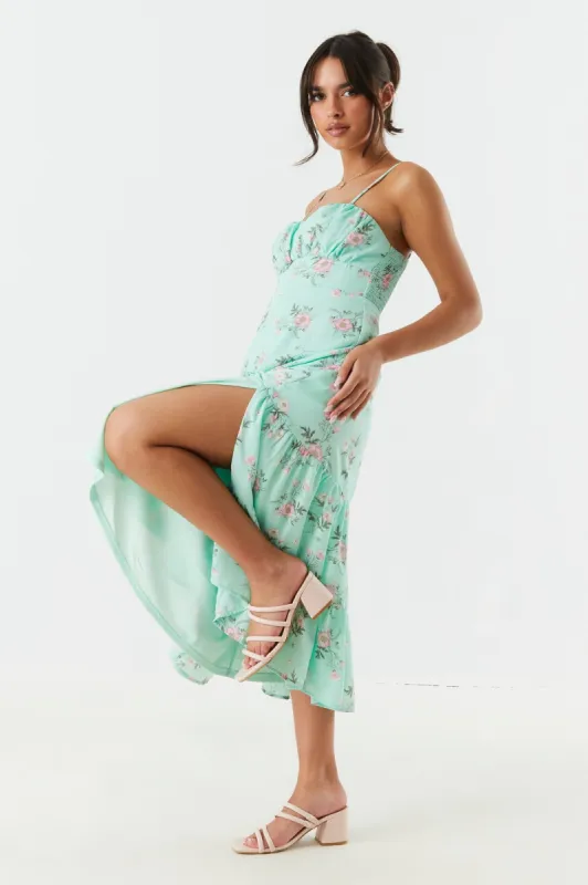 Green Floral Leg Slit Tiered Midi Dress sold by Urban Planet