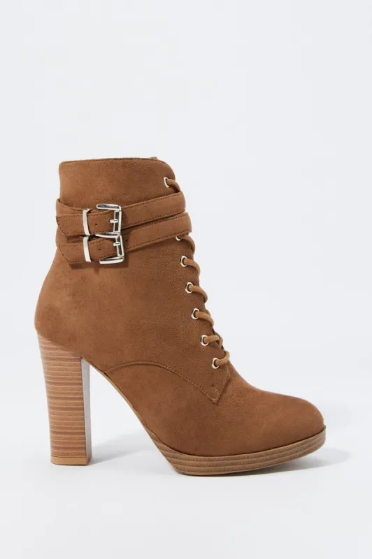 Faux-Suede Lace-Up Buckled Platform Boot sold by Urban Planet