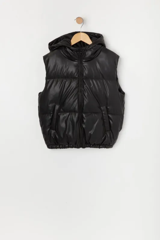 Girls Faux Leather Hooded Puffer Vest sold by Urban Planet