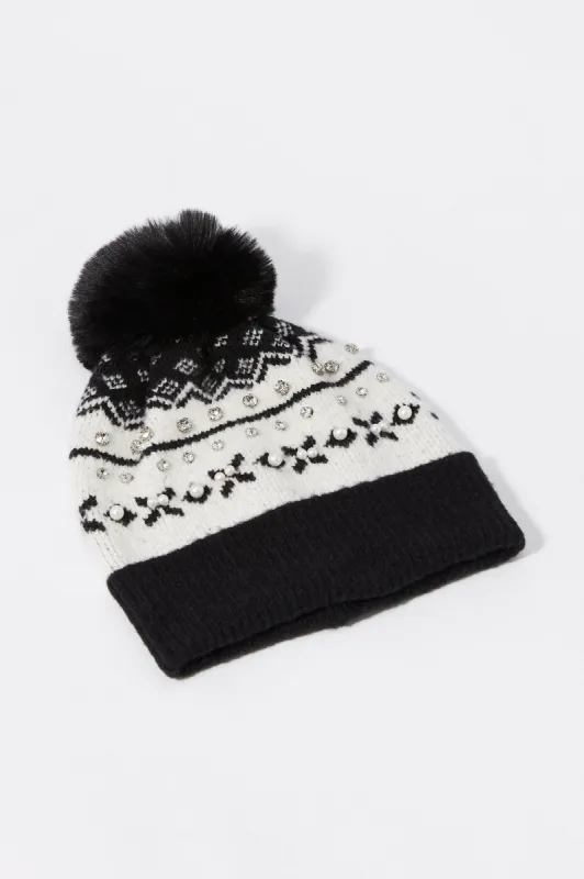 Tuque en tricot et jersey jacquard ornée de perles et de pierres du Rhin sold by Urban Planet